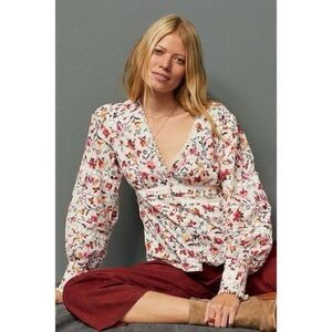 Anthropologie Boho Puff Sleeve Floral Lace Trim Blouse